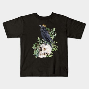 Black raven with skull and crow, skeleton eucaliptus leaves Kids T-Shirt
